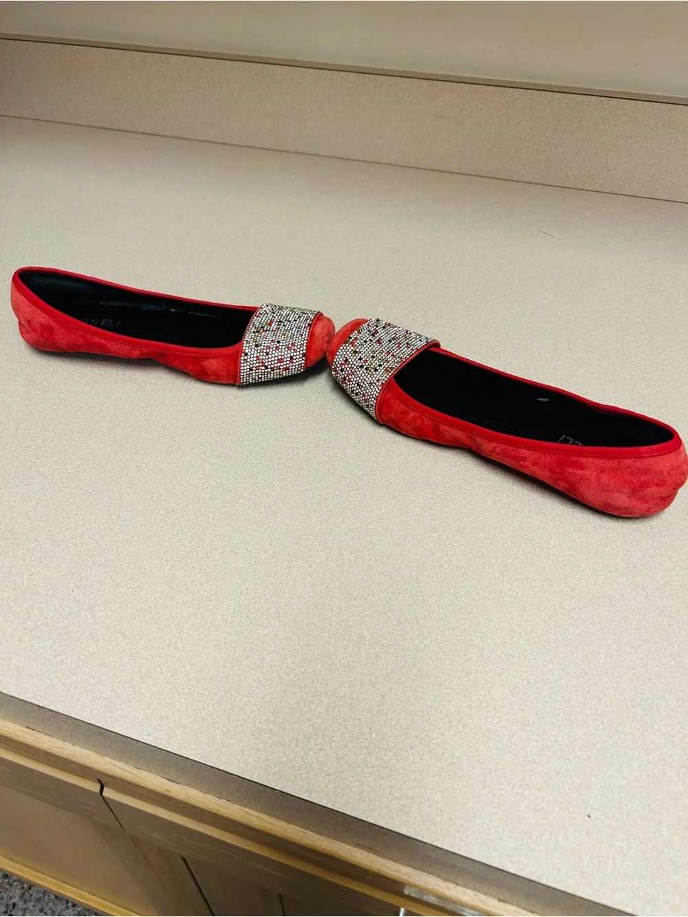 Vaneli Red Suede Flats with Multicolor Crystal Band